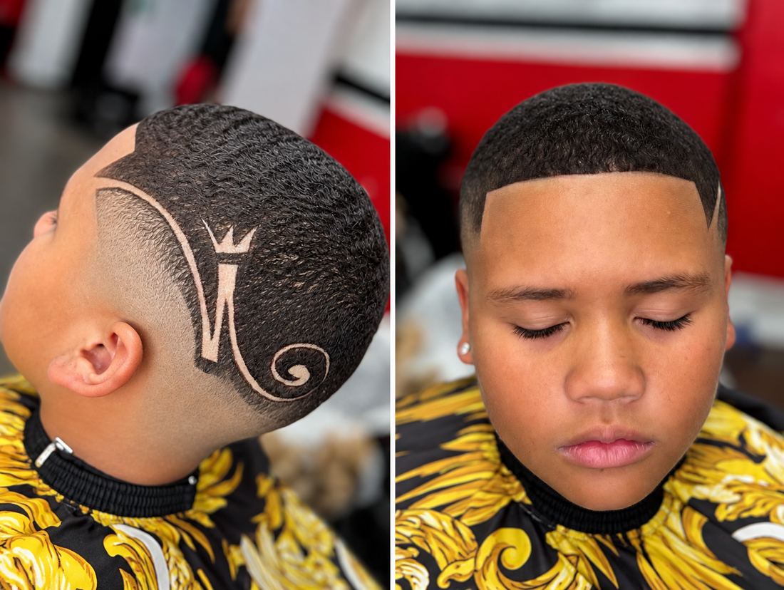 Kids haircut with a freestyle hair design at Finesse It Pro, a barbershop near Mango