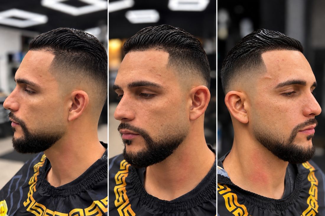 Slicked-back skin fade with full beard at Finesse It Pro, a barbershop near Mango